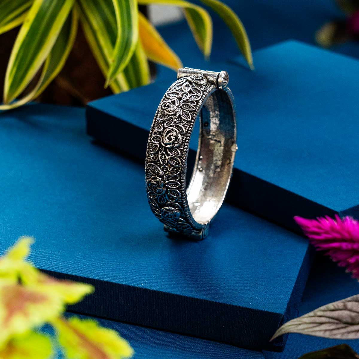 Oxidised Handmade Rose Adjustable Kada - Single Kada