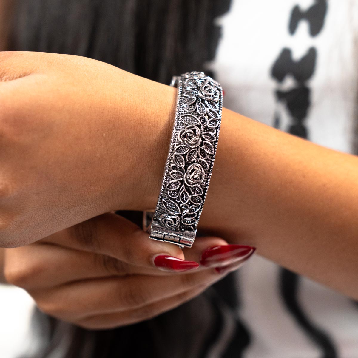 Oxidised Handmade Rose Adjustable Kada - Single Kada