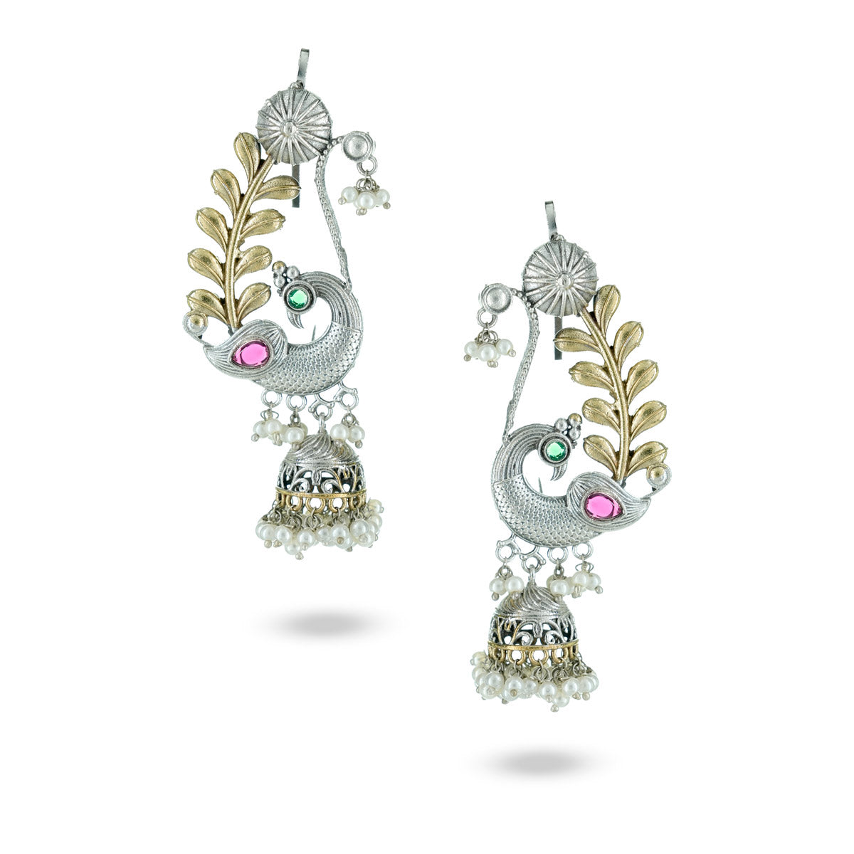 Ornate silver earrings with peacock design on a white background