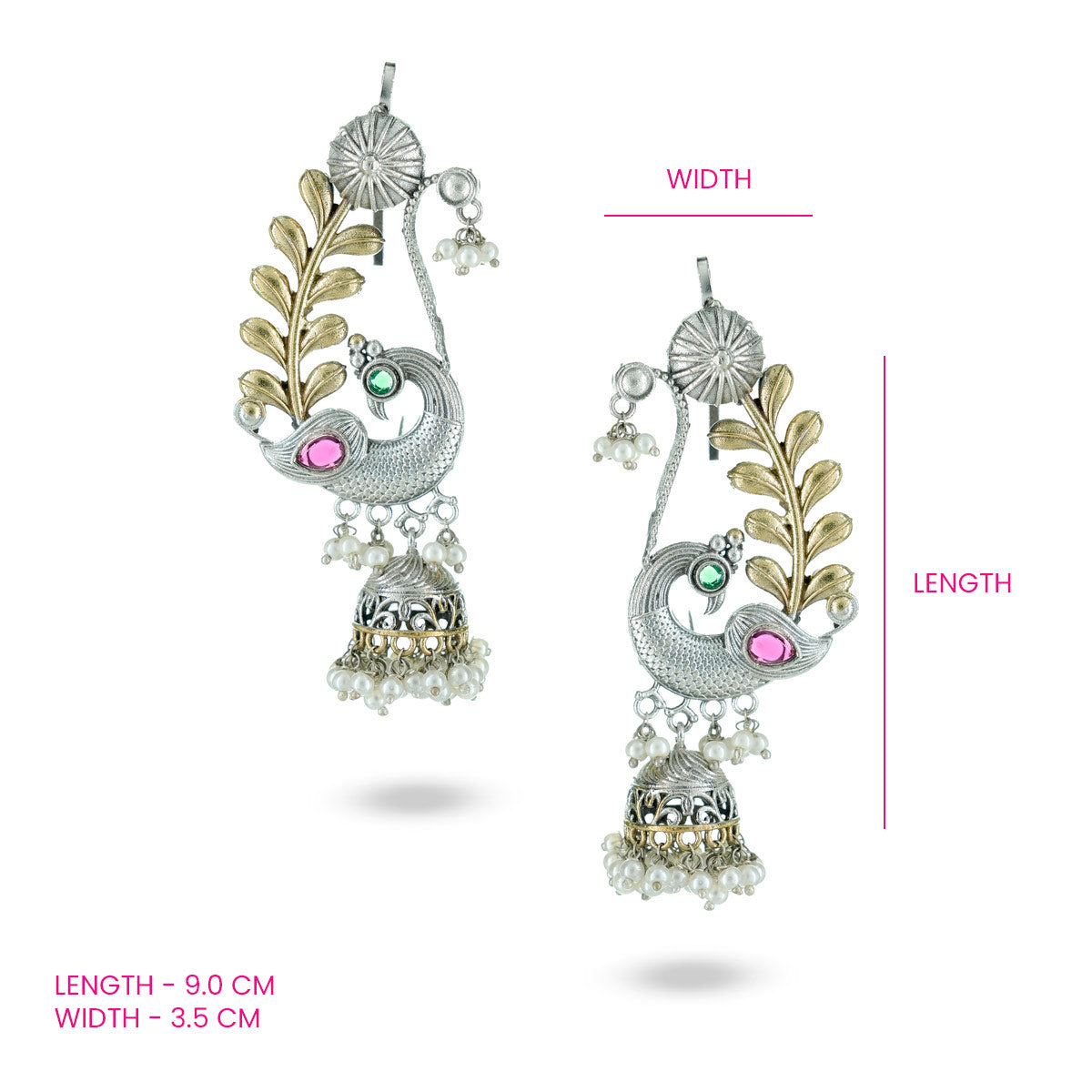 Peacock Decorative earrings with measurements on a white background