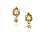 Gold earrings with a central gemstone on a white background