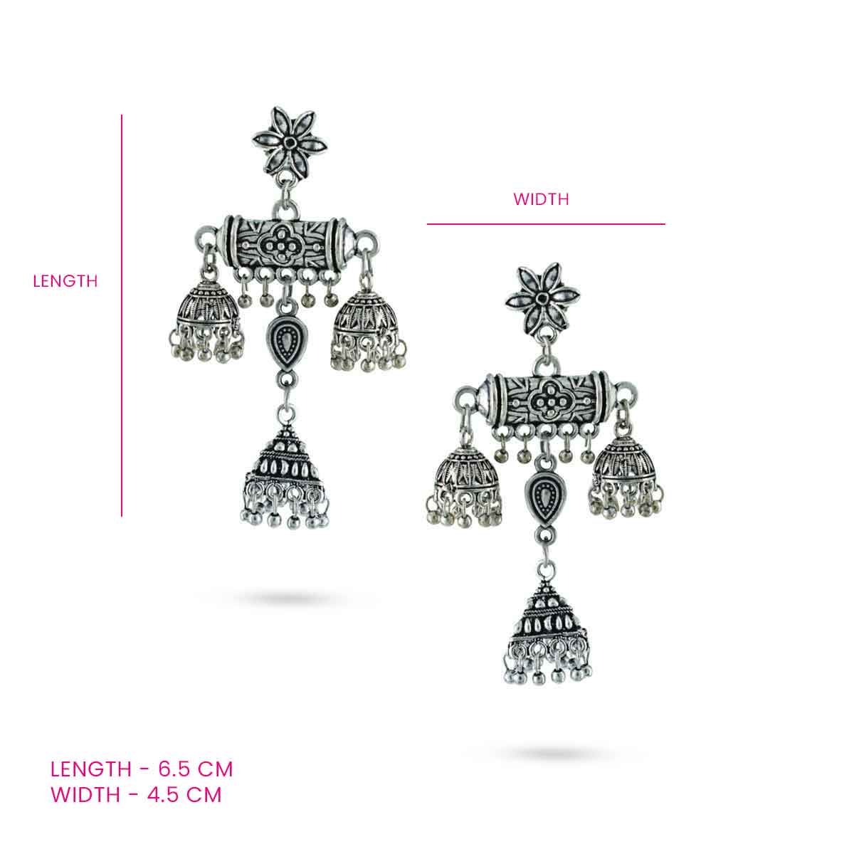 A pair of oxidised silver jhumka earrings with intricate design and multiple dangling elements with measurements.