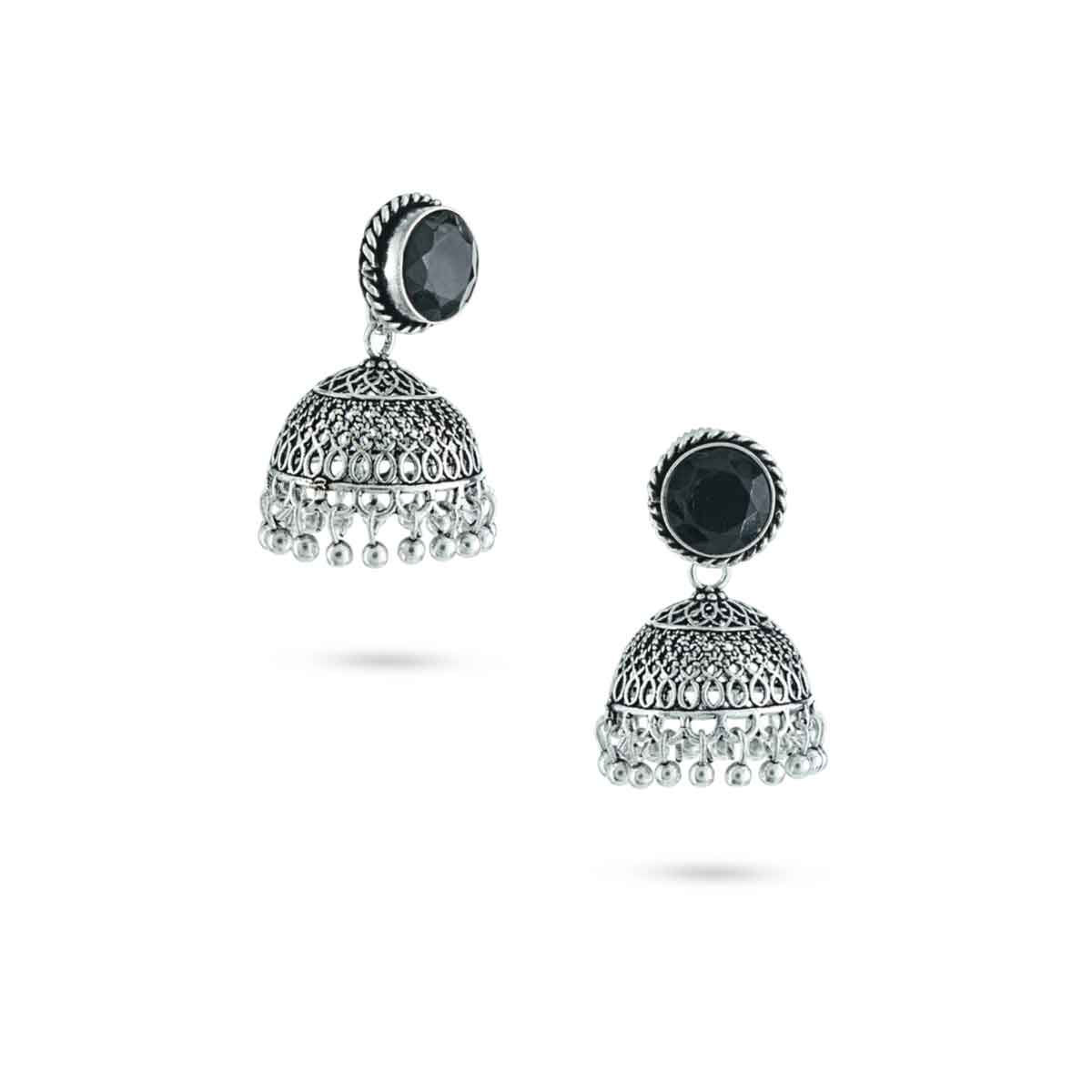 Classic Oxidised Jhumka Earrings With Black Stone Detaling