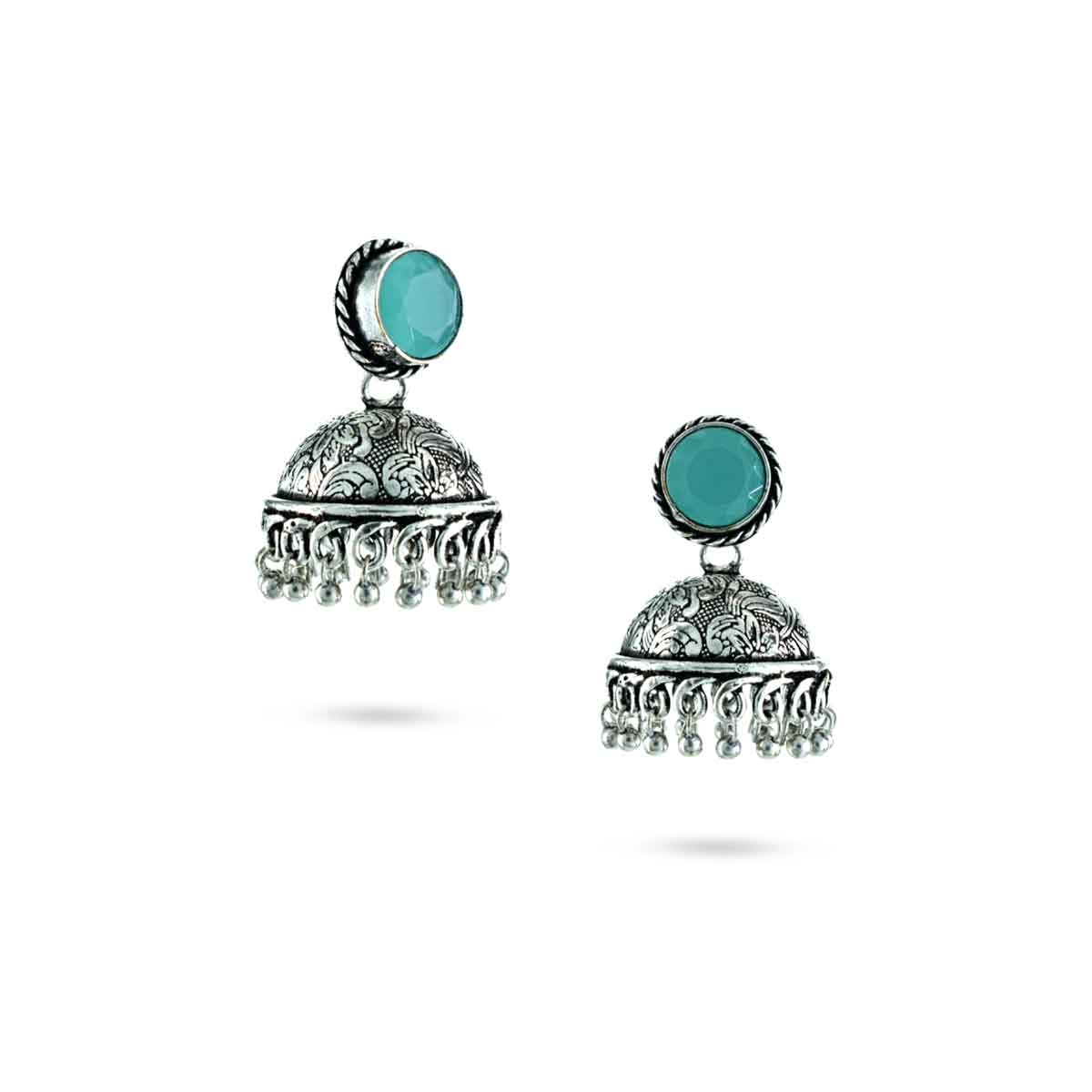 Classic Oxidised Jhumka Earrings With Blue Stone Detaling