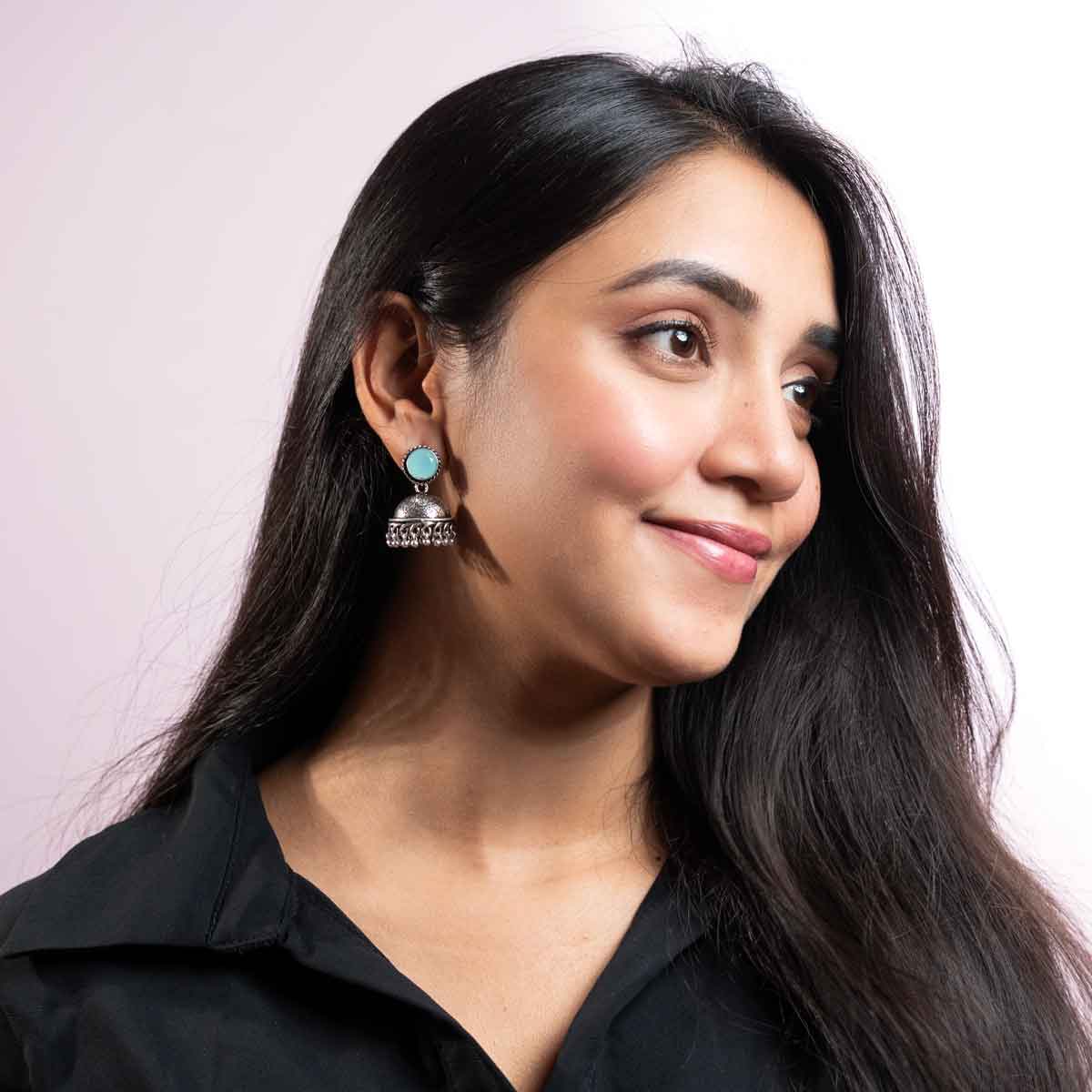 Classic Oxidised Jhumka Earrings With Blue Stone Detaling