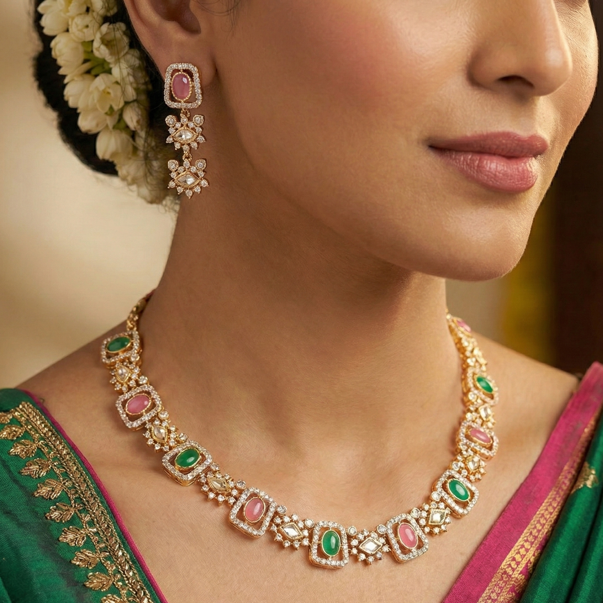 Close-up of a woman wearing a gold necklace with pink and green stones, set against a blurred background.