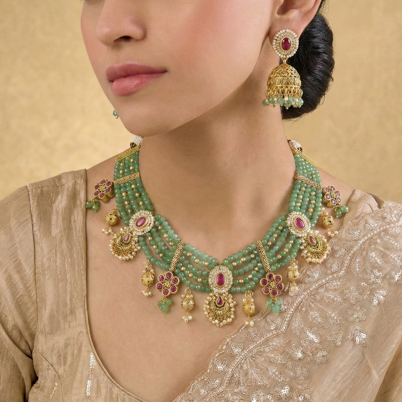 Woman wearing a green and gold necklace with matching earrings on a beige background