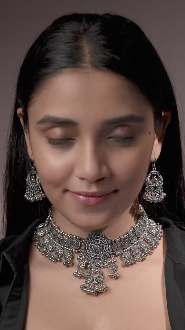 Load video: Mandala Oxidised Chocker Set