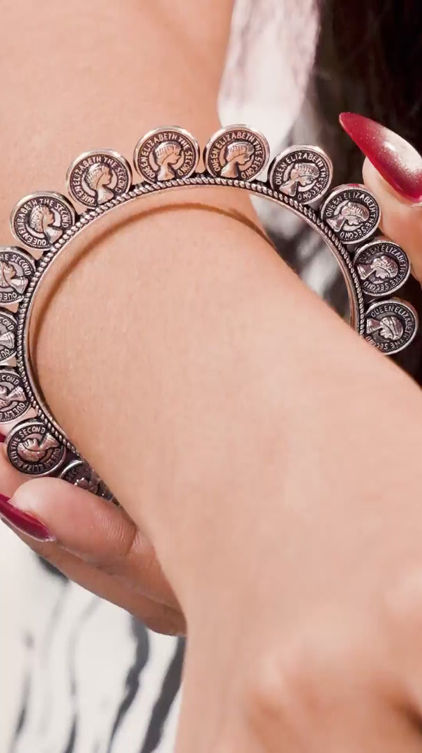 Load video: Oxidised Handmade Coin Bangle - (Set of two Bangles)