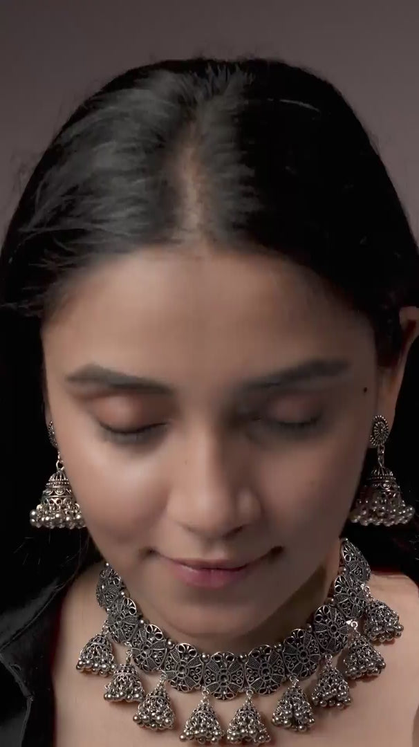 Load video: Mudra Oxidised Necklace Set